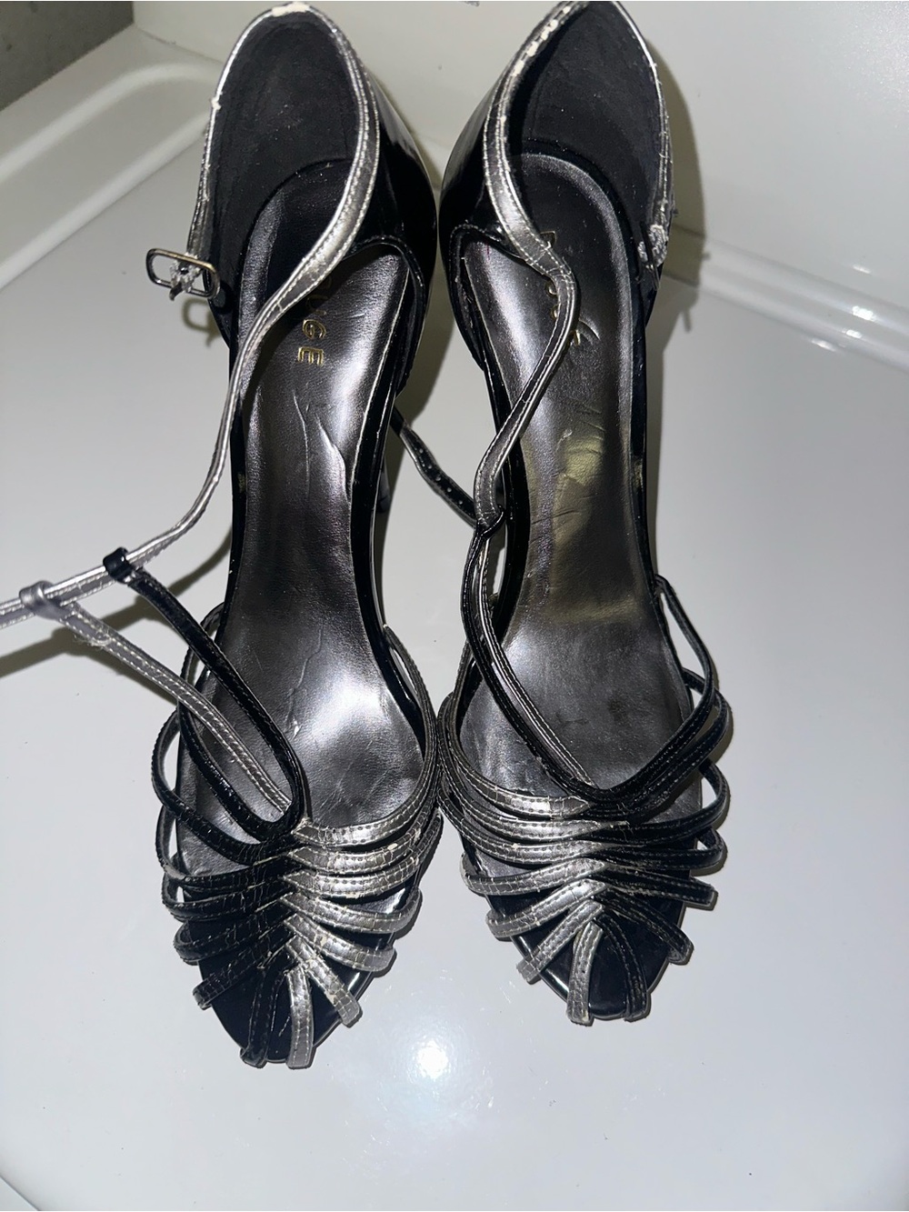 Women's Black Metallic Strappy Open-Toe Heels